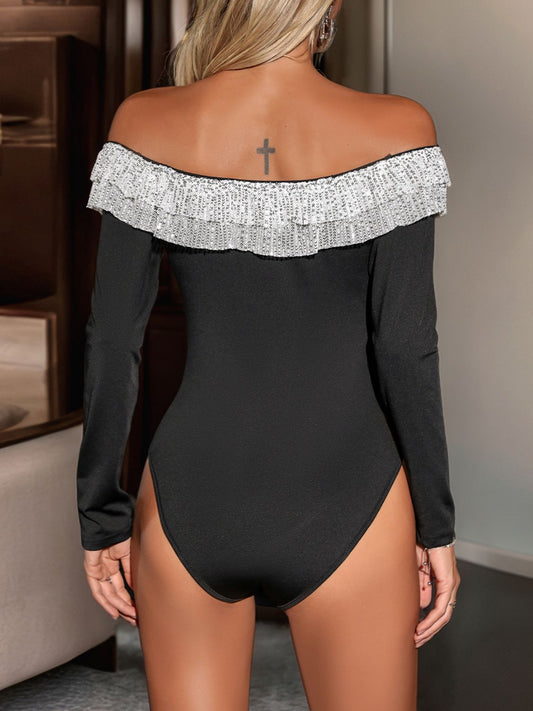 Perfee Sequin Ruffled Off-Shoulder Long Sleeve Bodysuit - Body By J'ne