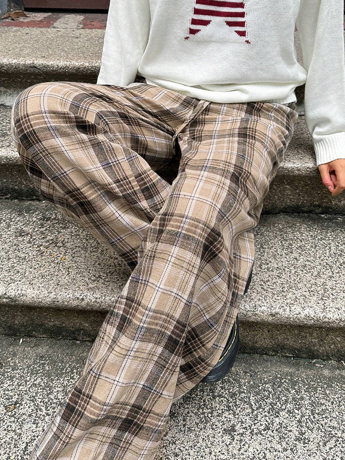 Drawstring Plaid Wide Leg Pants