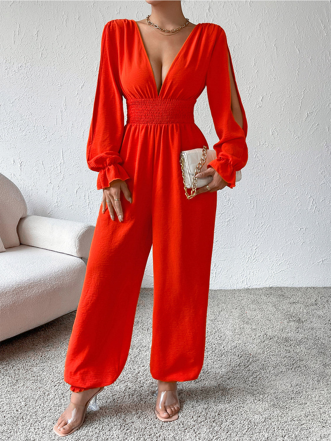 Plunge Smocked Flounce Sleeve Jumpsuit - Body By J'ne