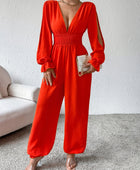 Plunge Smocked Flounce Sleeve Jumpsuit - Body By J'ne