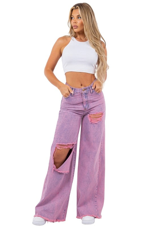 Vintage Ripped Wide Leg jean in Mineral Pink