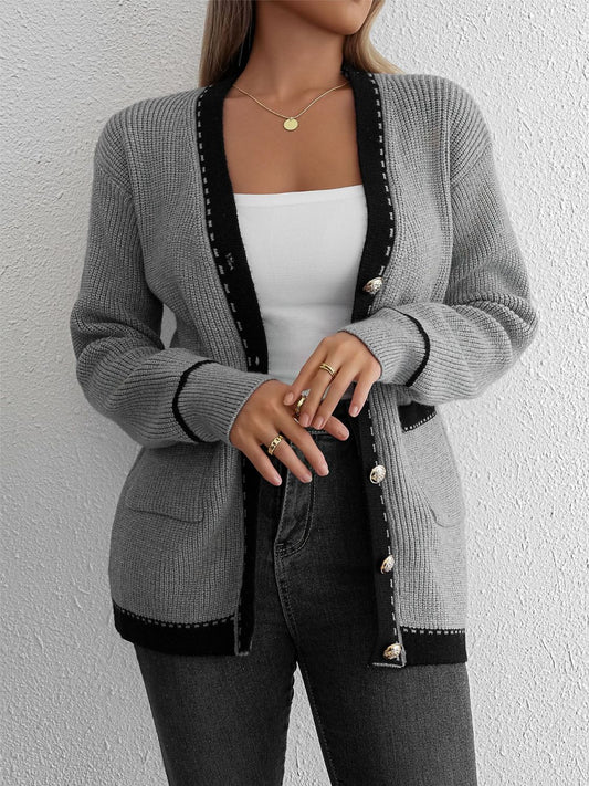 Contrast Trim Button Up Long Sleeve Cardigan - Body By J'ne