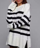 Slit Striped Round Neck Sweater