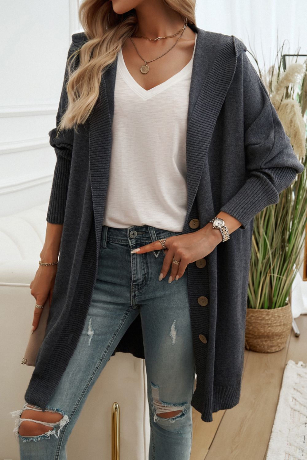 Devine Button Up Long Sleeve Hooded Cardigan - Body By J'ne