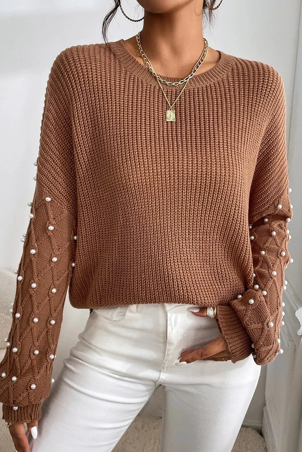 Pearl Detail Round Neck Long Sleeve Sweater - Body By J'ne