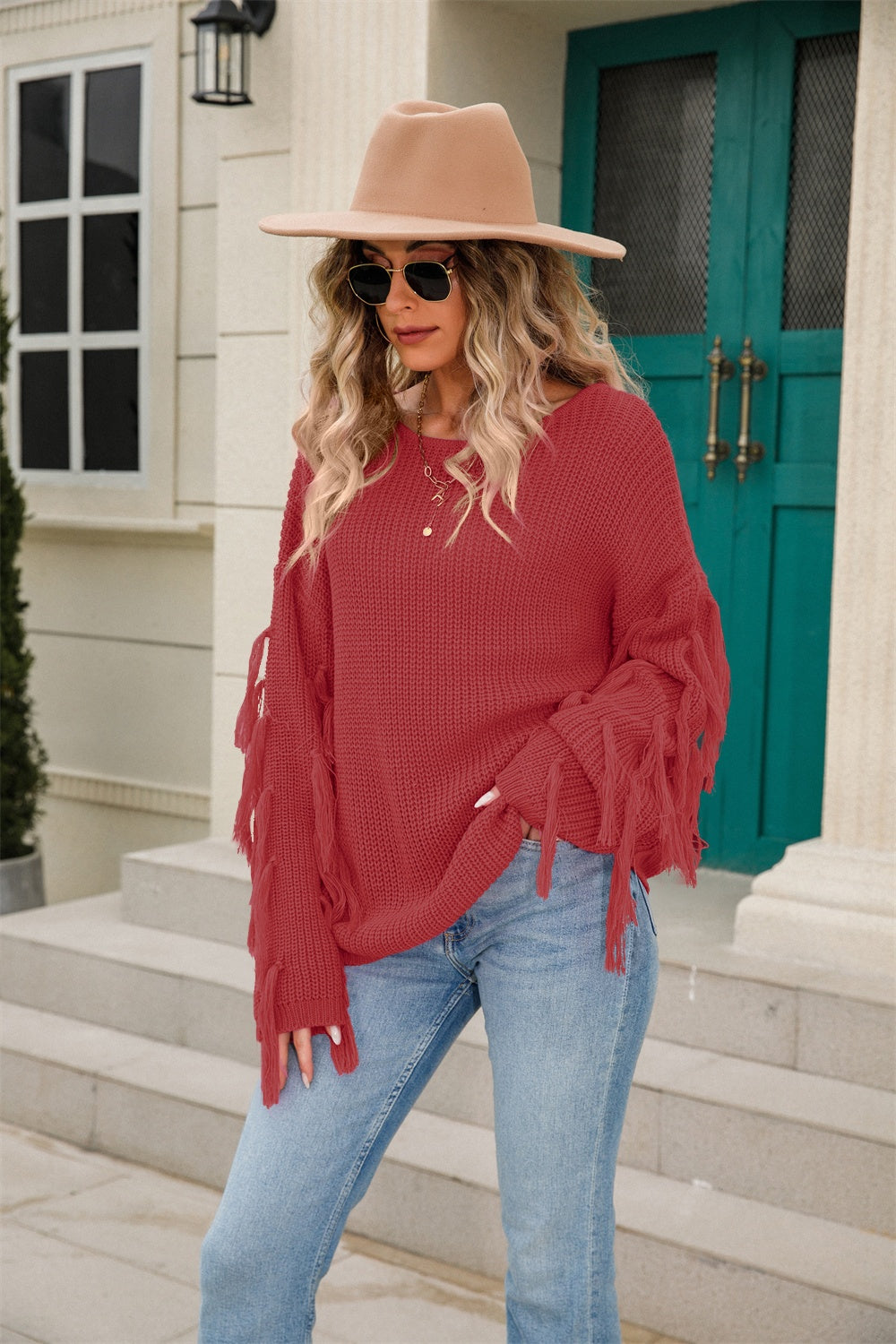 Fringe Round Neck Dropped Shoulder Sweater - Body By J'ne