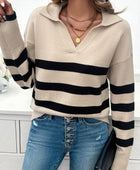 Striped Collared Neck Long Sleeve Sweater