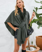 Fuzzy Trim Open Front Poncho