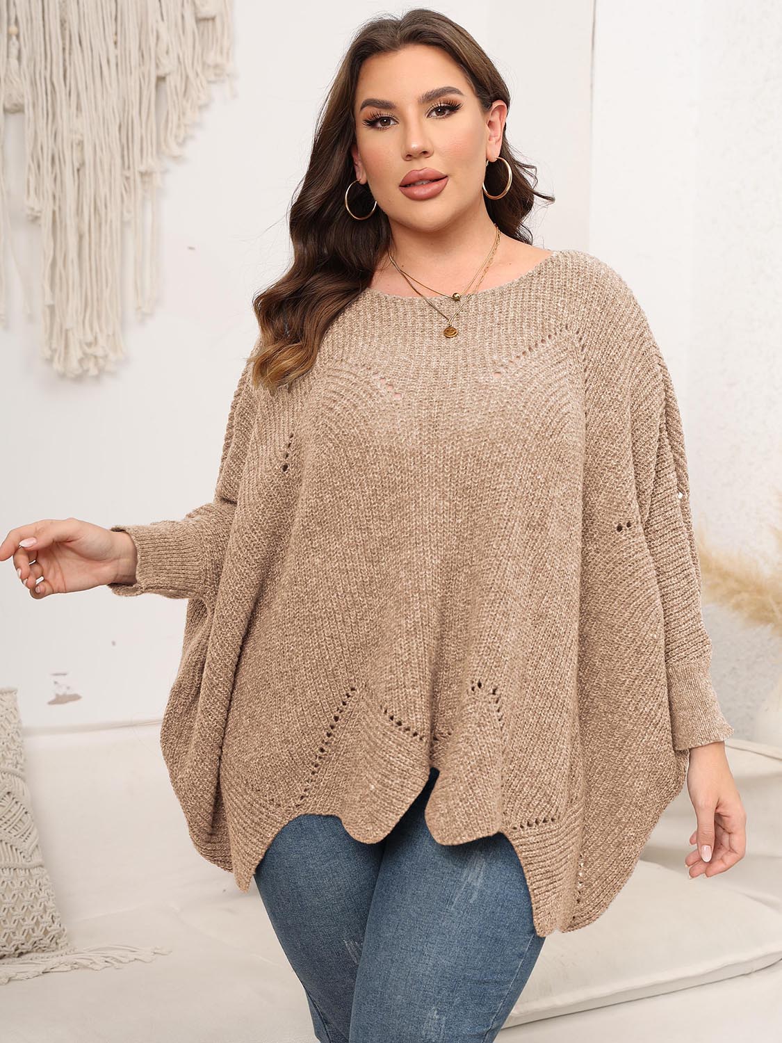 Plus Size Round Neck Batwing Sleeve Sweater - Body By J'ne