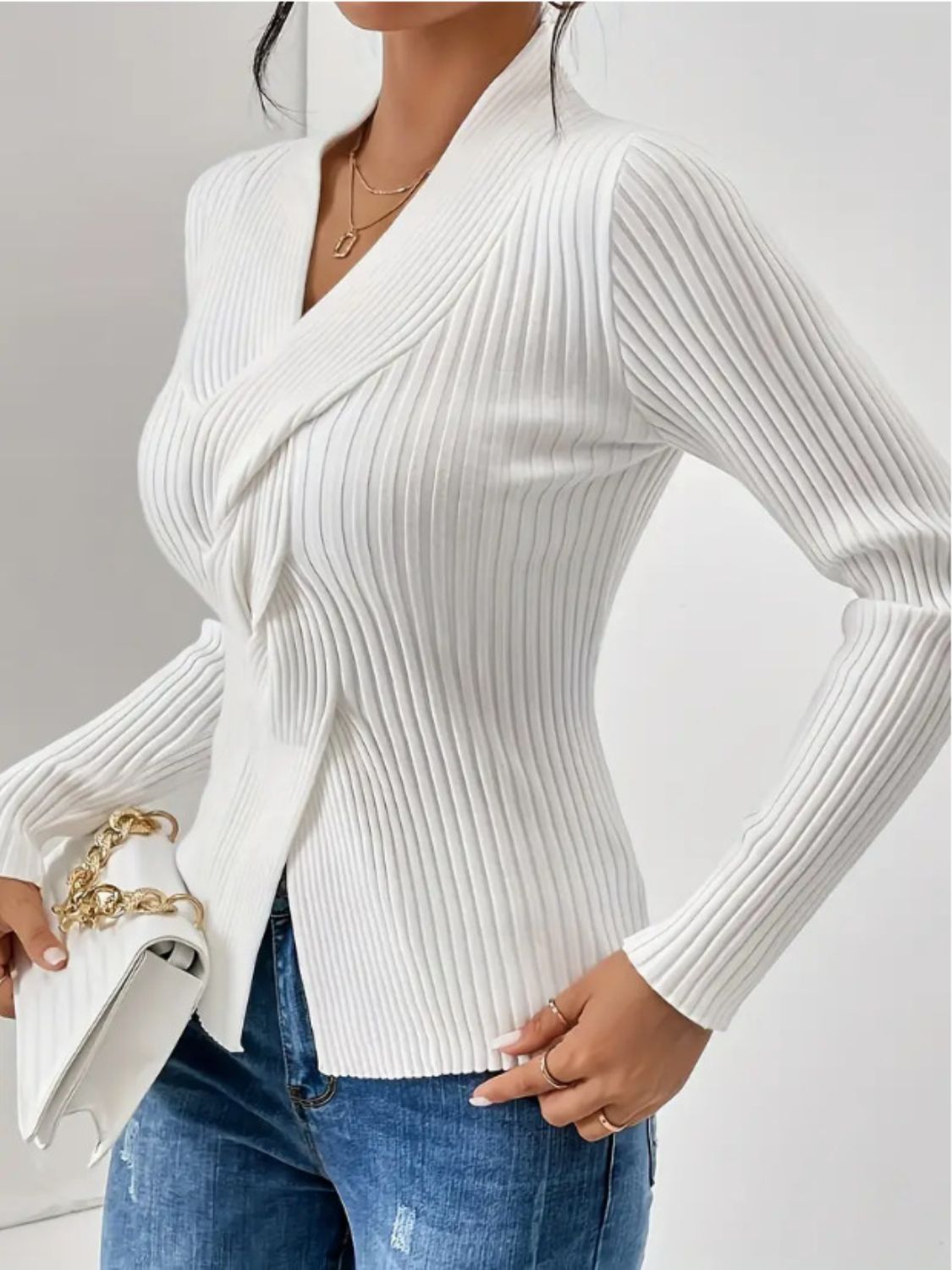 Twist Front Ribbed Long Sleeve Sweater