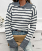 Devine Striped Collared Neck Long Sleeve Sweater