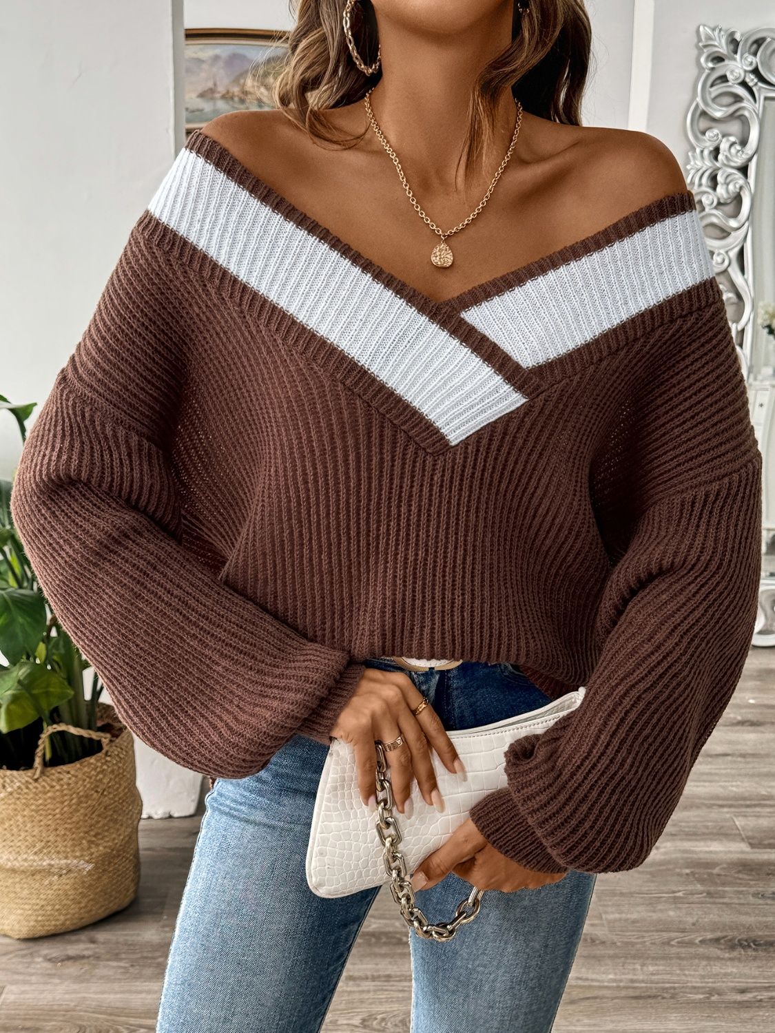 Contrast Dropped Shoulder Long Sleeve Sweater - Body By J'ne