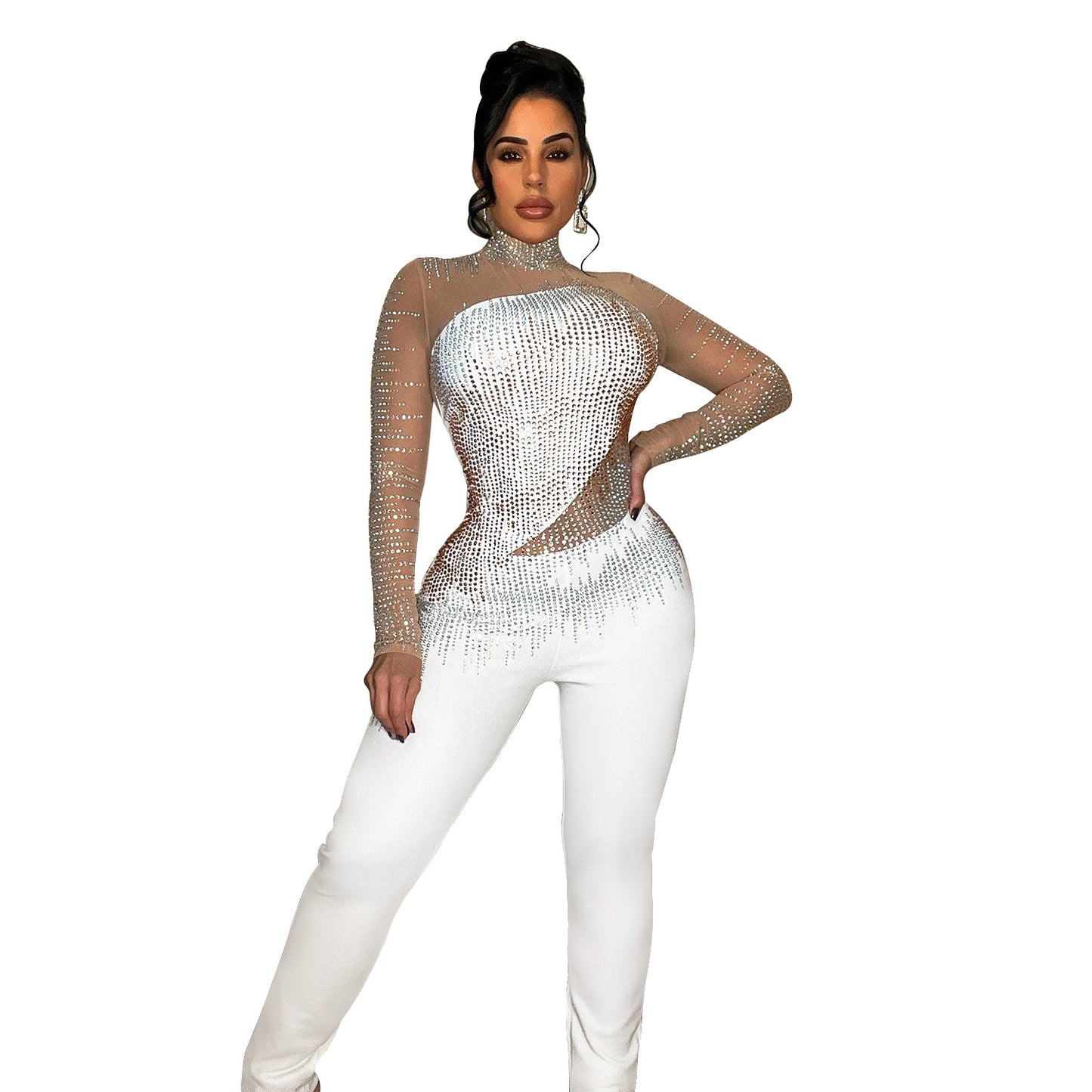 Pure Color Mesh Rhinestone Jumpsuit - Body By J'ne