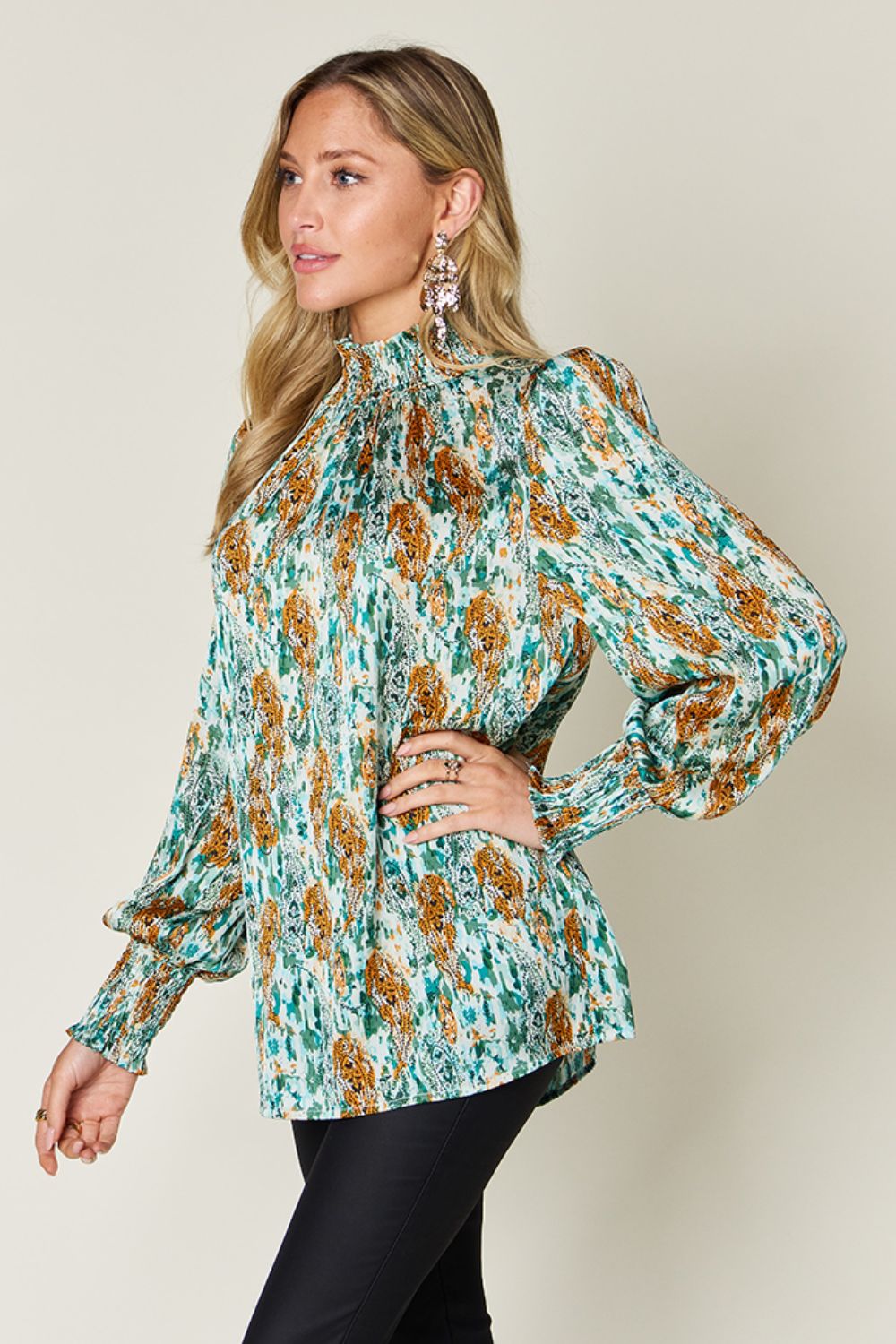 Full Size Printed Smocked Long Sleeve Blouse - Body By J'ne