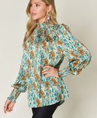 Full Size Printed Smocked Long Sleeve Blouse - Body By J'ne