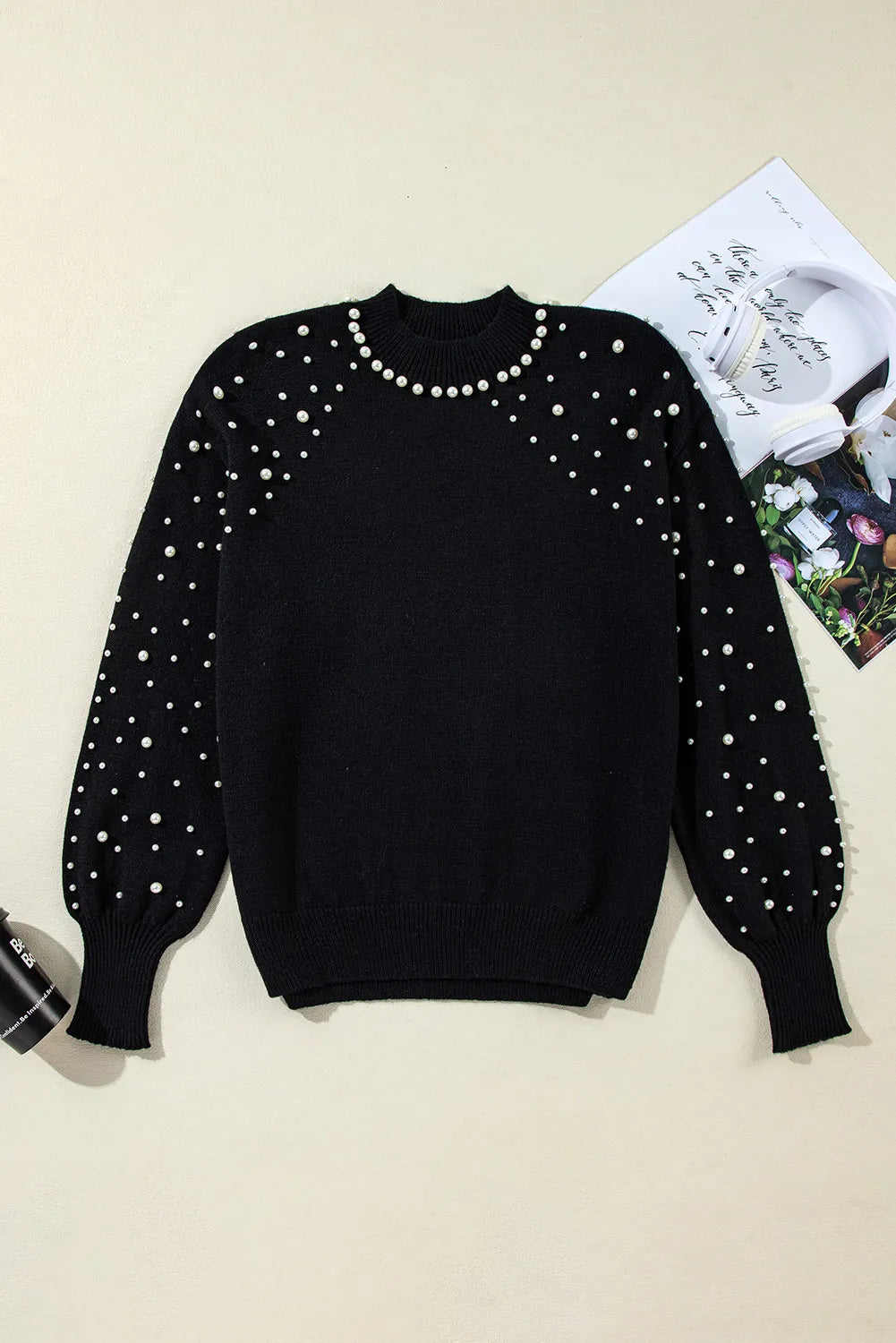 Pearl Detail Mock Neck Long Sleeve Sweater - Body By J'ne