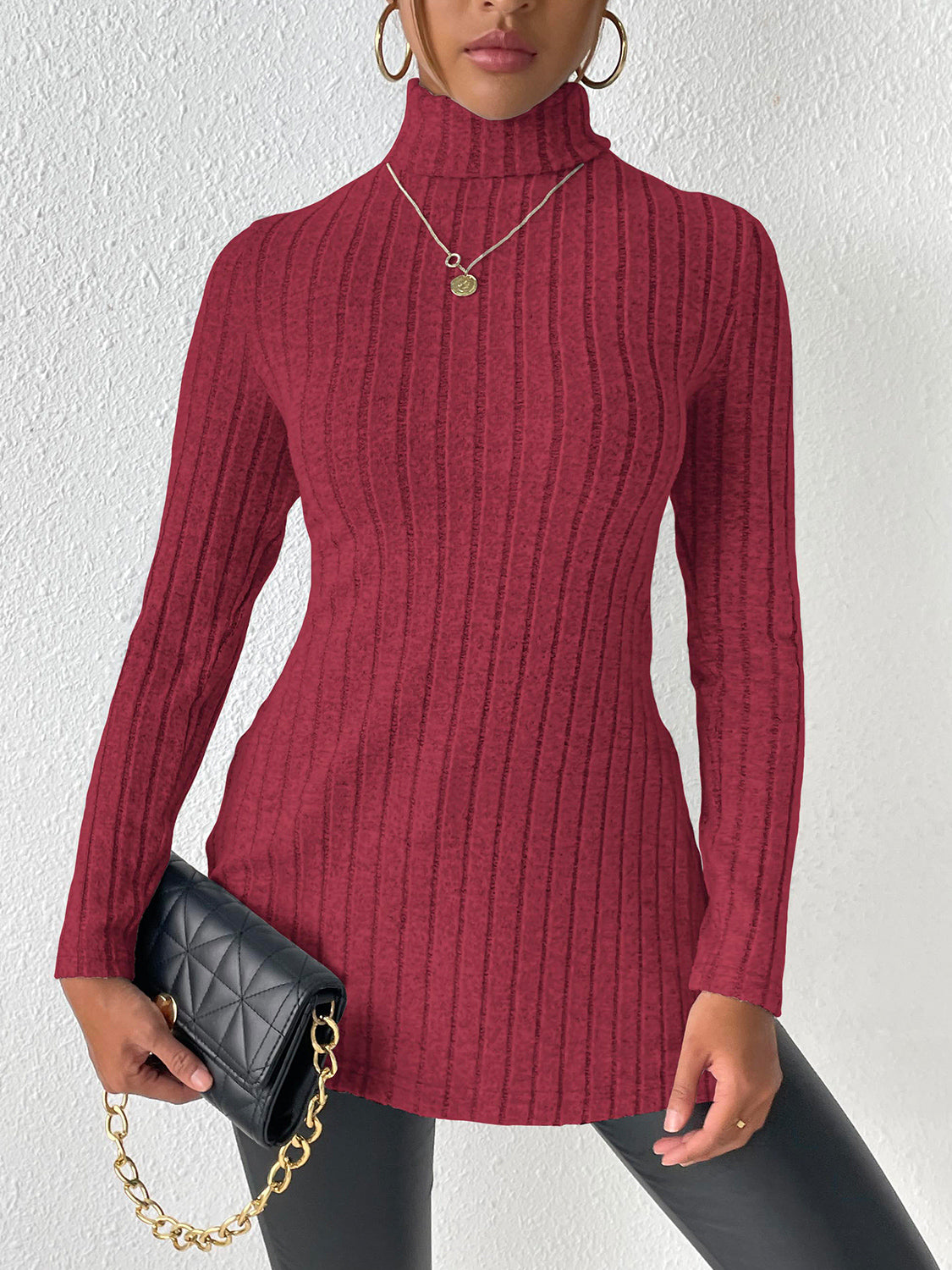 Ribbed Turtleneck Long Sleeve Slit T-Shirt - Body By J'ne