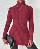 Ribbed Turtleneck Long Sleeve Slit T-Shirt