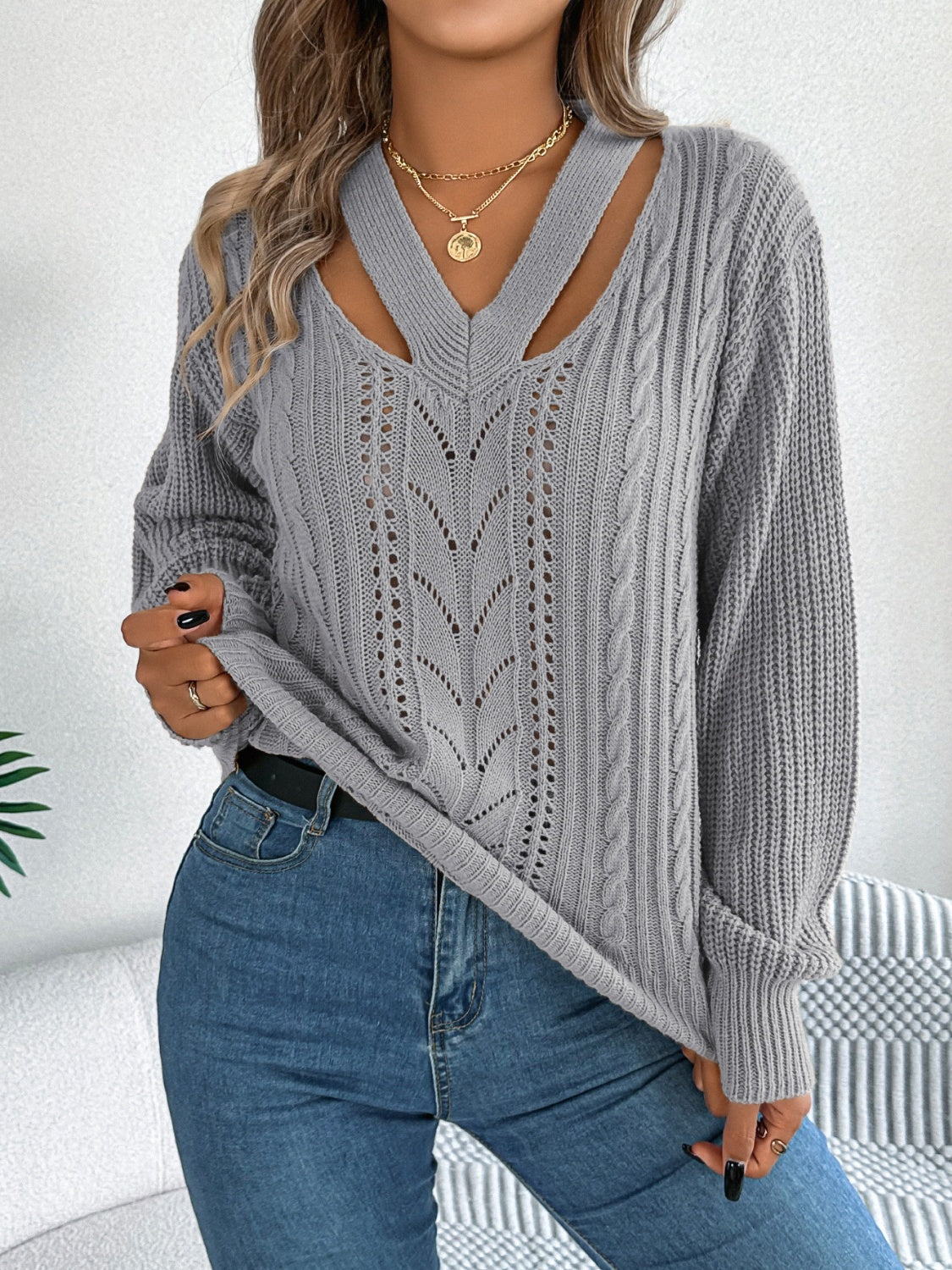 Cutout V-Neck Long Sleeve Sweater - Body By J'ne