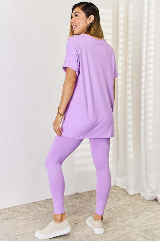 Zenana V-Neck Rolled Short Sleeve T-Shirt and Leggings Set - Body By J'ne