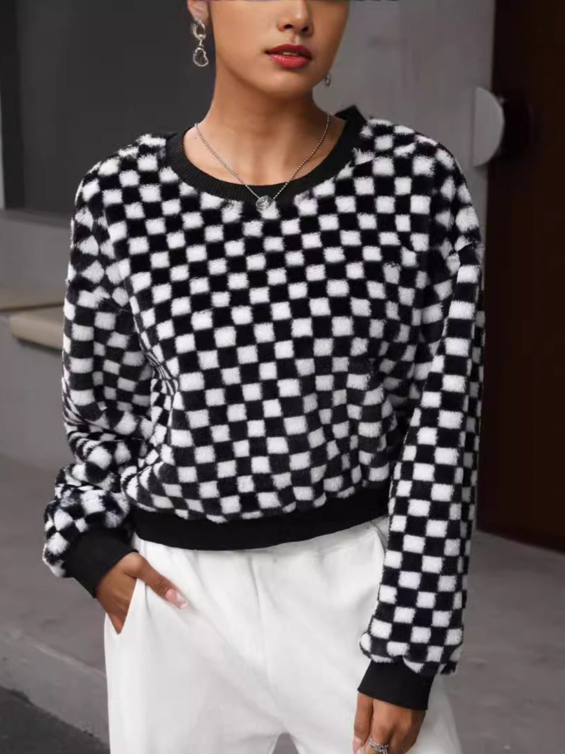 Plaid Round Neck Long Sleeve Sweatshirt - Body By J'ne