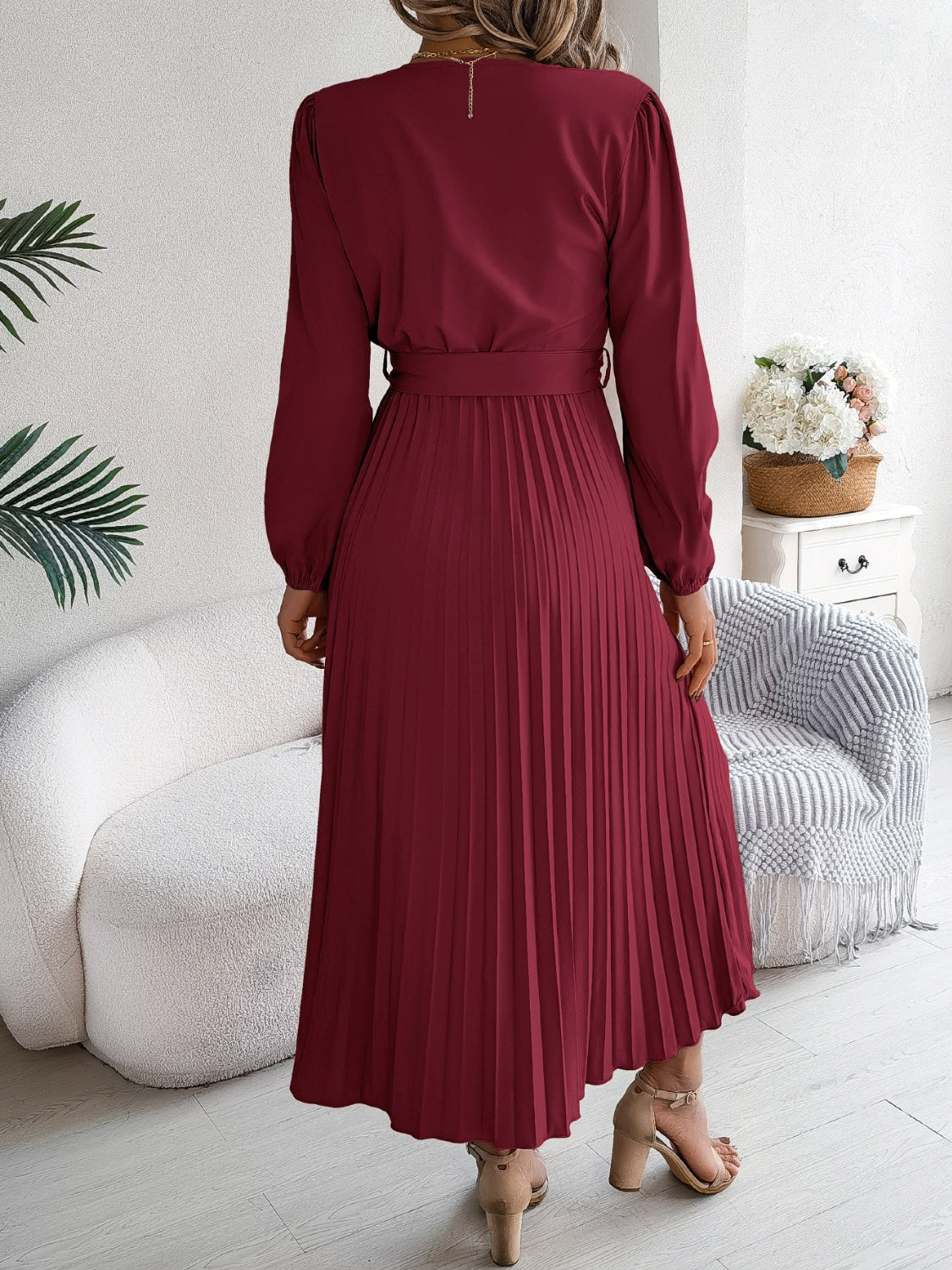 Pleated Tied V-Neck Long Sleeve Dress - Body By J'ne