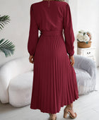 Pleated Tied V-Neck Long Sleeve Dress