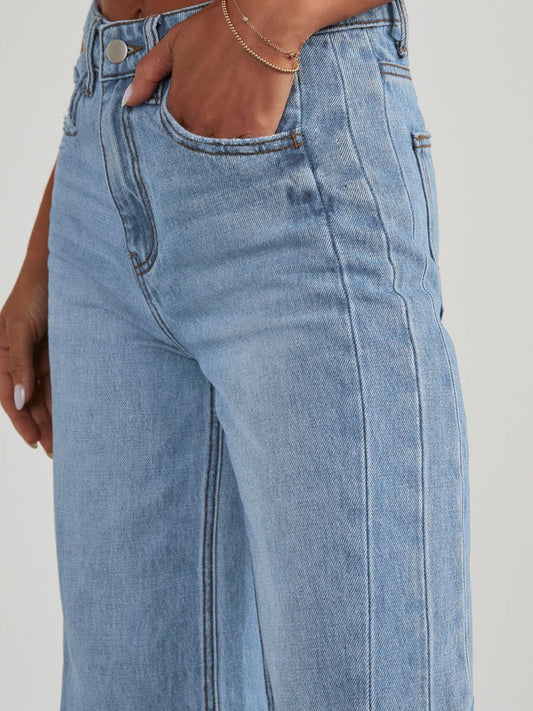 Raw Hem Wide Leg Jeans with Pockets - Body By J'ne