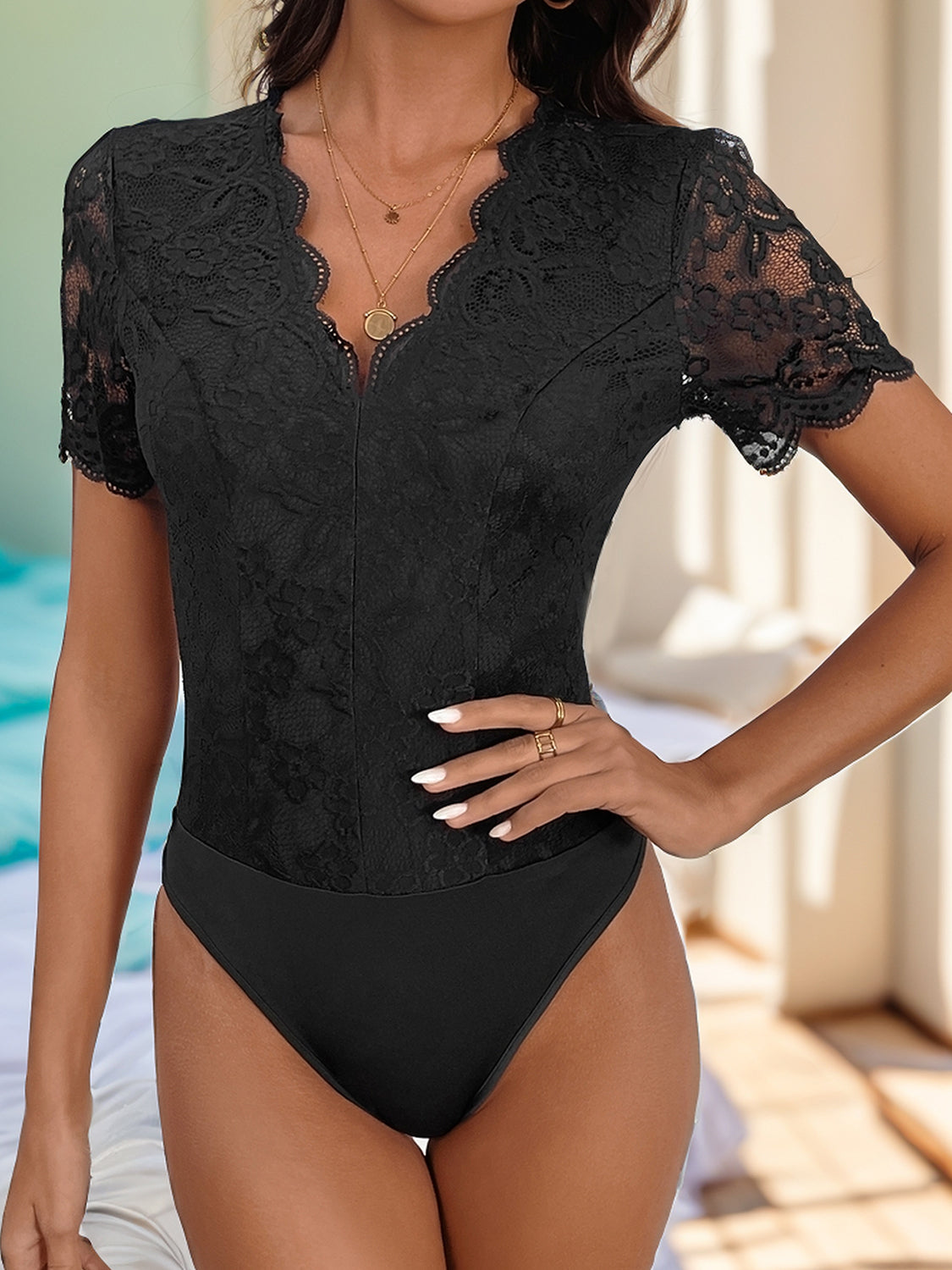 Perfee V-Neck Short Sleeve Lace Bodysuit - Body By J'ne