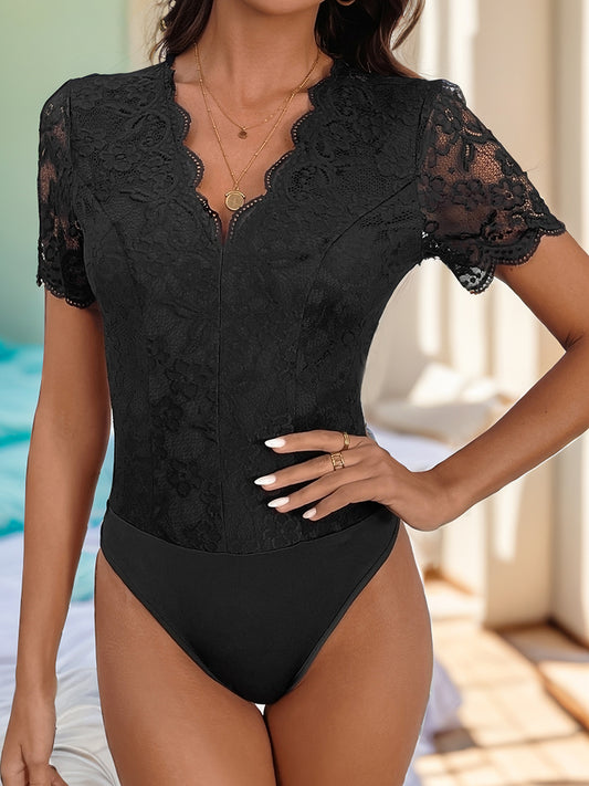 Perfee V-Neck Short Sleeve Lace Bodysuit - Body By J'ne