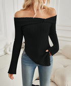 Ribbed Asymmetrical Hem Off-Shoulder Long Sleeve T-Shirt