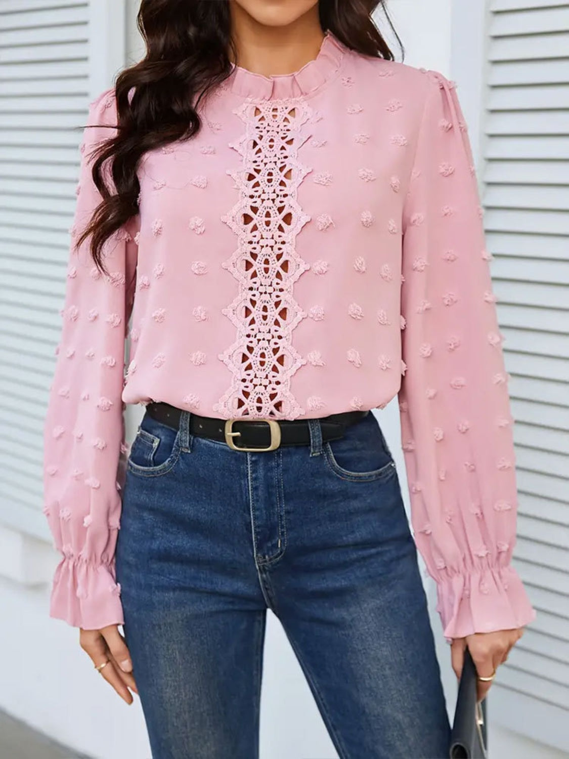 Swiss Dot Mock Neck Flounce Sleeve Blouse - Body By J'ne