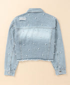 Distressed Pearl Trim Button Up Denim Jacket