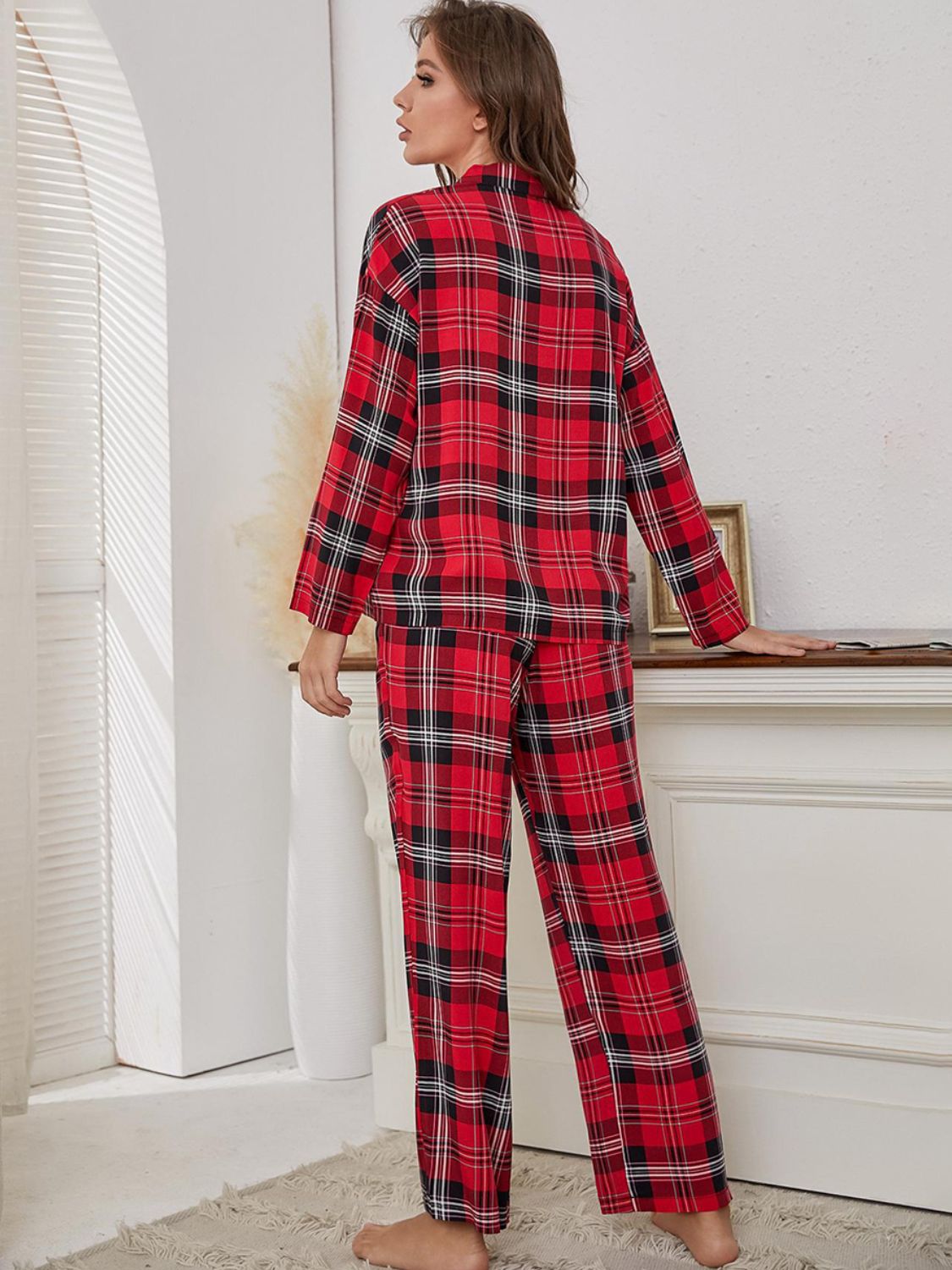 Plaid Collared Neck Long Sleeve Top and Pants Lounge Set