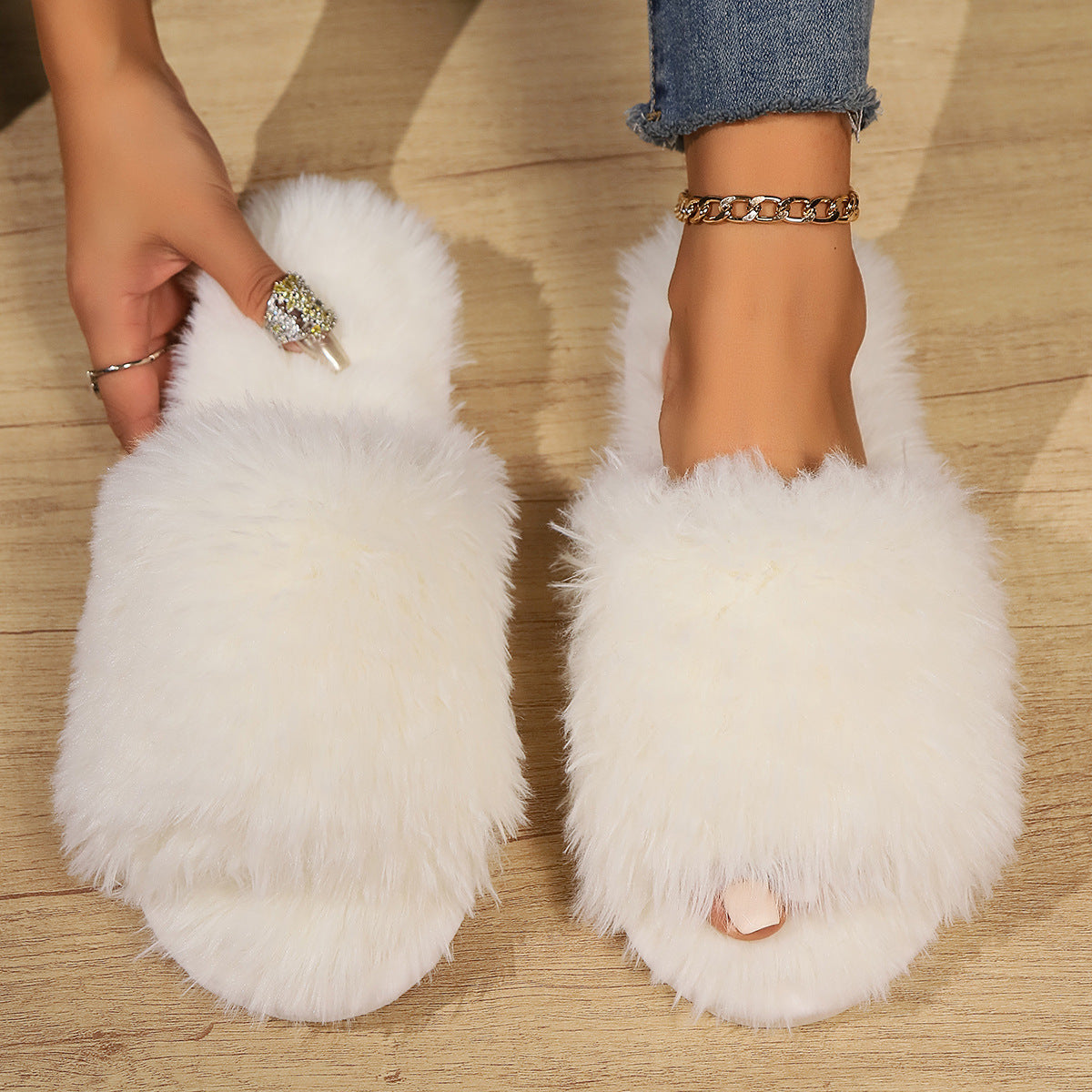 Open-toe Plush Slippers - Body By J'ne