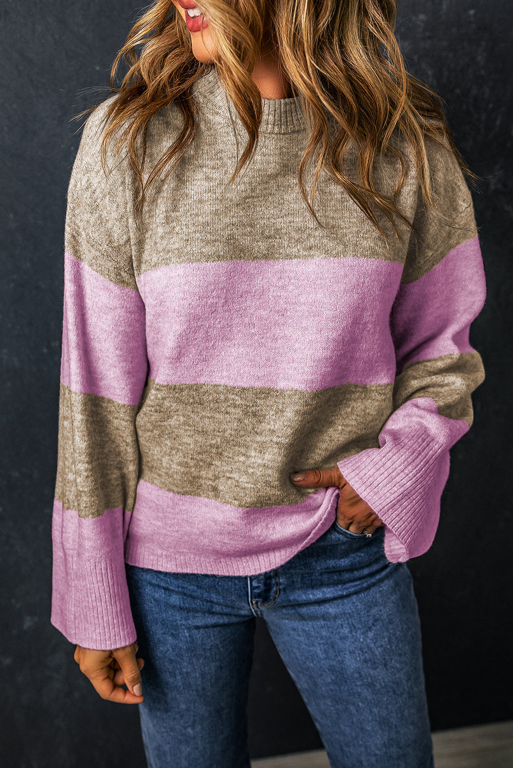 Color Block Round Neck Long Sleeve Sweater - Body By J'ne