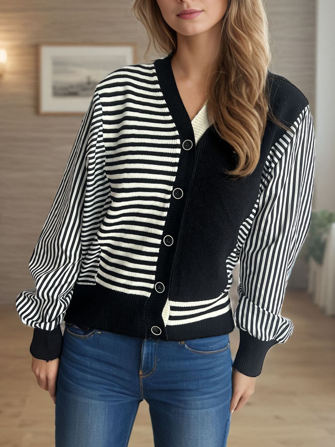 Striped Button Down Long Sleeve Cardigan