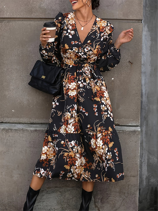 Ruffled Printed Surplice Long Sleeve Midi Dress - Body By J'ne