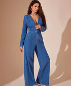 Plunge Long Sleeve Wide Leg Denim Jumpsuit