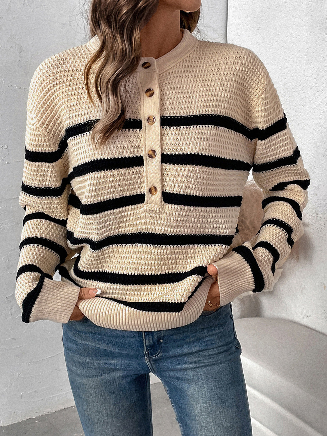 Perfee Striped Half Button Long Sleeve Sweater - Body By J'ne