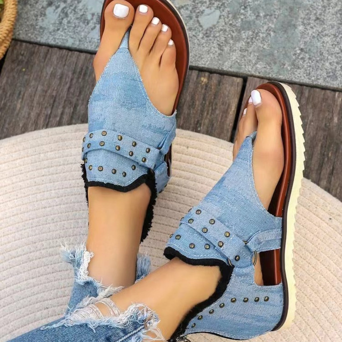 Studded Raw Hem Flat Sandals - Body By J'ne