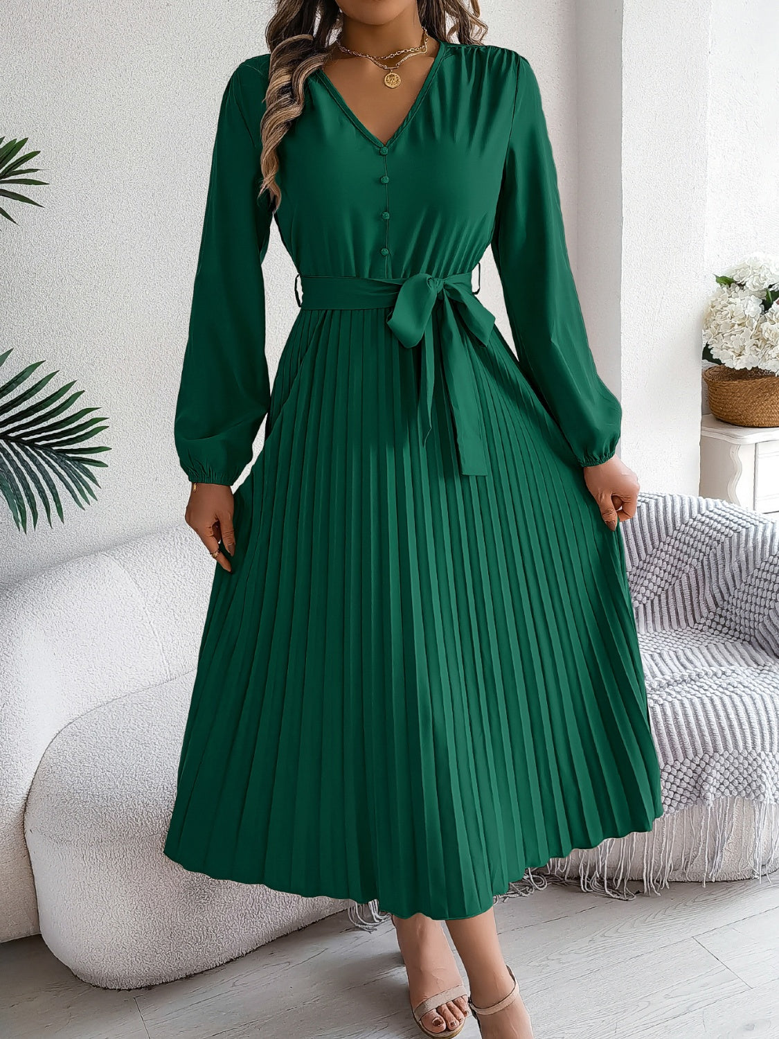 Pleated Tied V-Neck Long Sleeve Dress - Body By J'ne