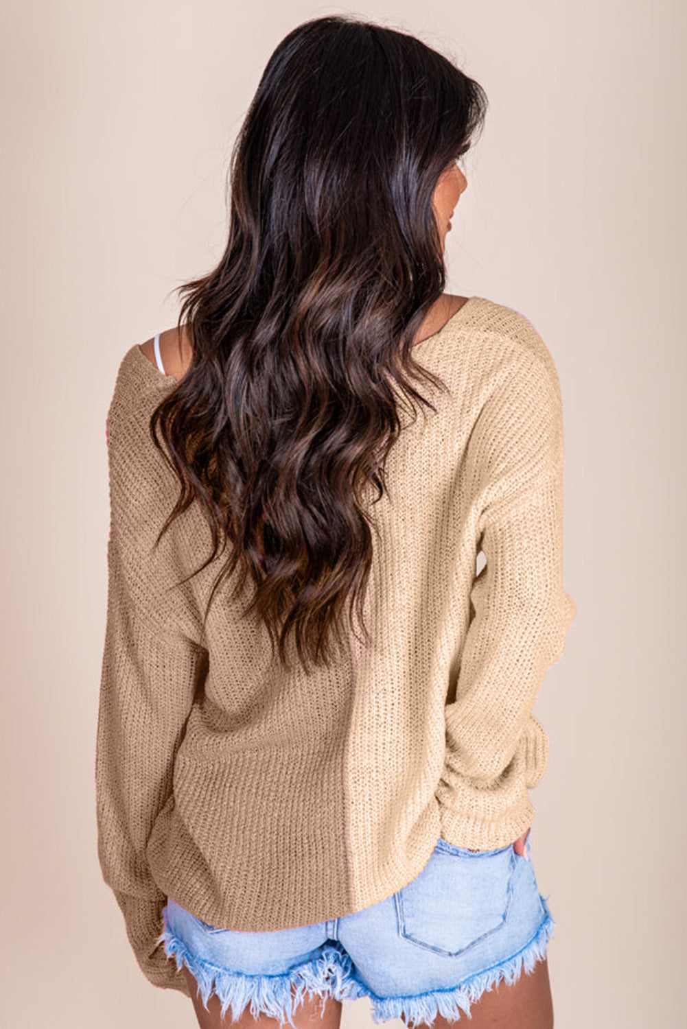 Contrast Color V-Neck Long Sleeve Pullover Sweater - Body By J'ne