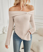 Ribbed Asymmetrical Hem Off-Shoulder Long Sleeve T-Shirt