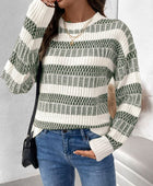 Perfee Contrast Round Neck Long Sleeve Sweater