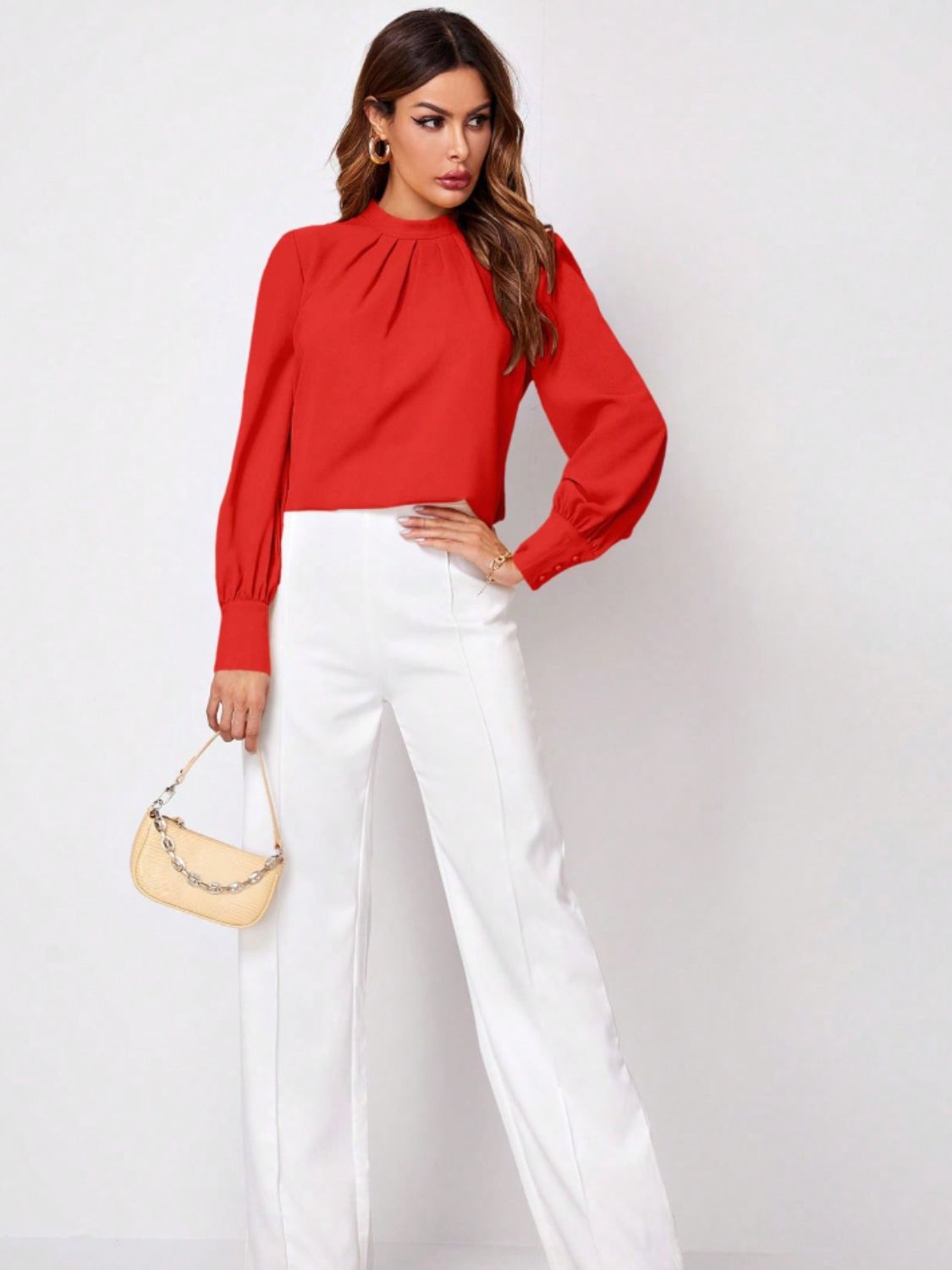 Ruched Mock Neck Long Sleeve Blouse - Body By J'ne