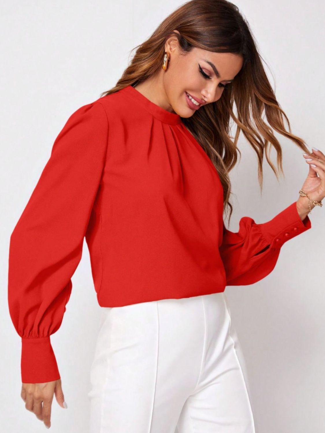 Ruched Mock Neck Long Sleeve Blouse - Body By J'ne