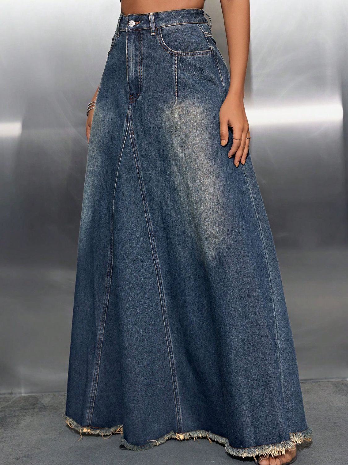 Raw Hem High Waist Denim Skirt with Pockets - Body By J'ne