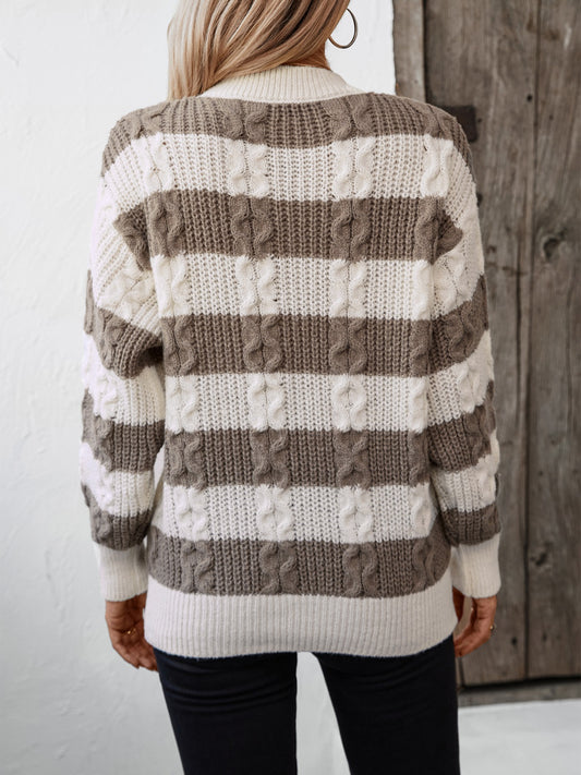 Striped Round Neck Long Sleeve Sweater - Body By J'ne