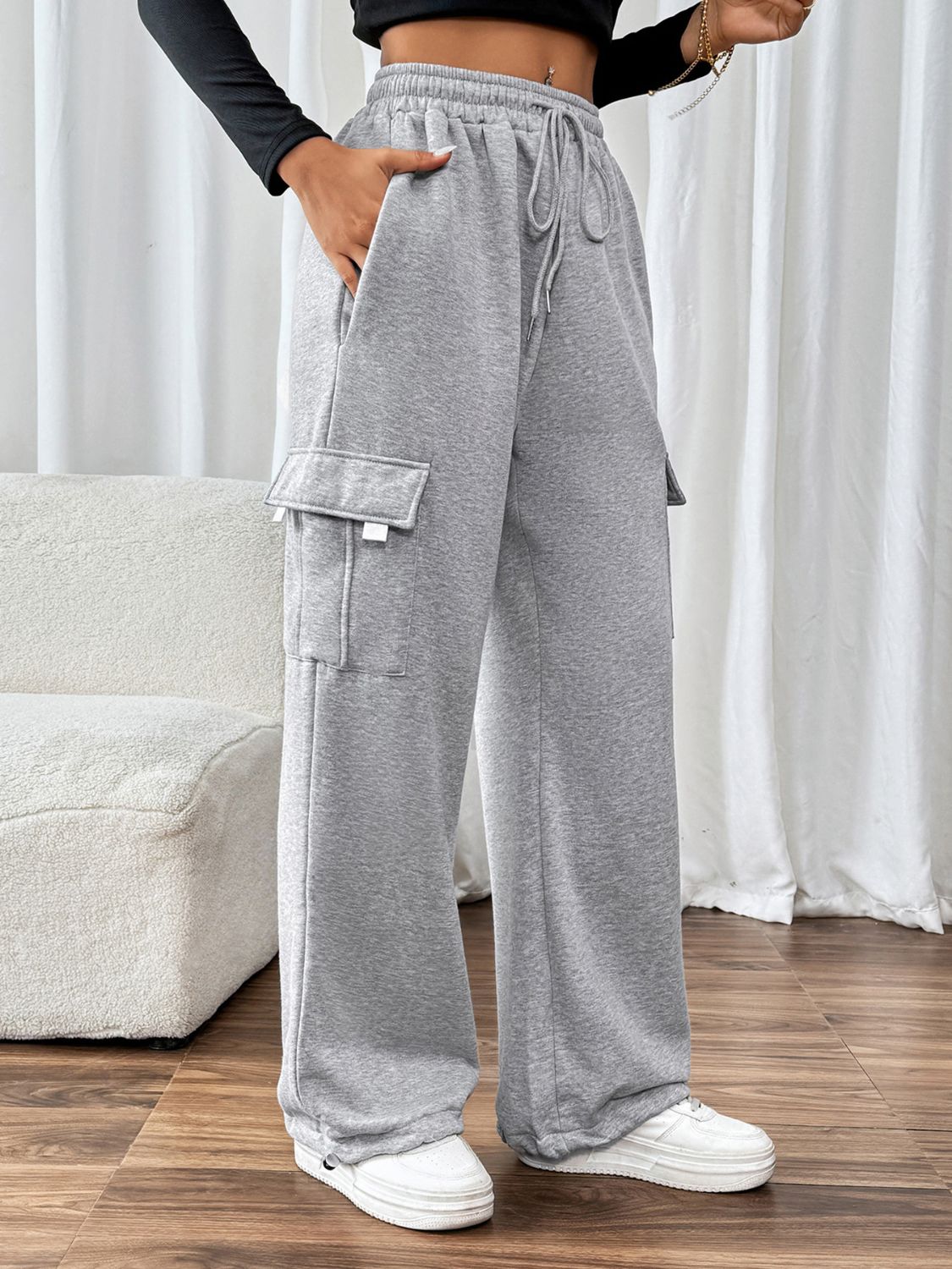 Pantalones deportivos con cintura elástica y bolsillos y cordón Perfee